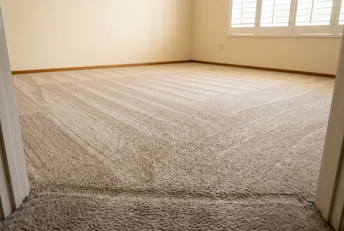 Illustration of oatmeal bedroom carpet with straight, slightly lighter parallel lines in the damp pile, running toward a cream wall and a shuttered window in afternoon light.