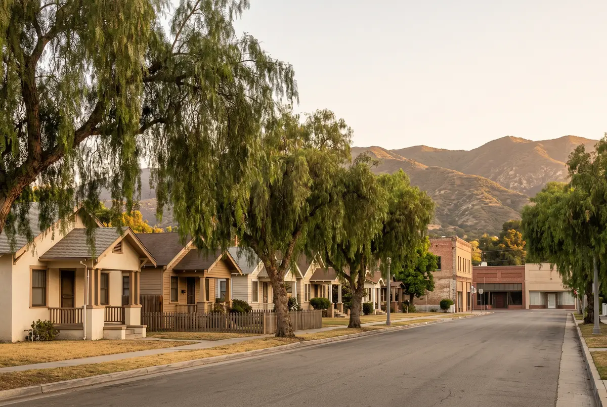 Illustration of a quiet side street of small early-1900s bungalows with porches under weeping pepper trees, a low brick and stucco commercial block at the far end, and long chaparral ridges beyond.
