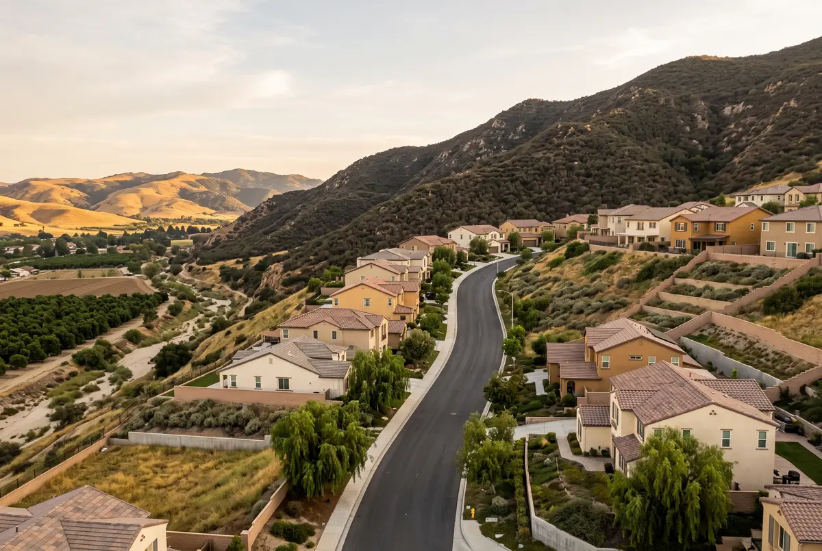 Illustration of newer two-story stucco homes stepped up a steep hillside street with low retaining walls, and a chaparral-covered ridge rising close behind.