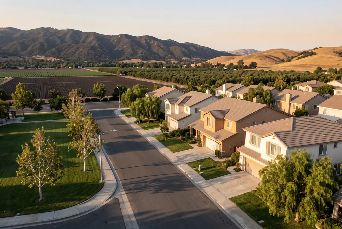 Illustration of a gently curving street of 1980s two-story stucco homes with tile roofs, a neighborhood park across the road, and rounded golden hills with farm fields beyond.