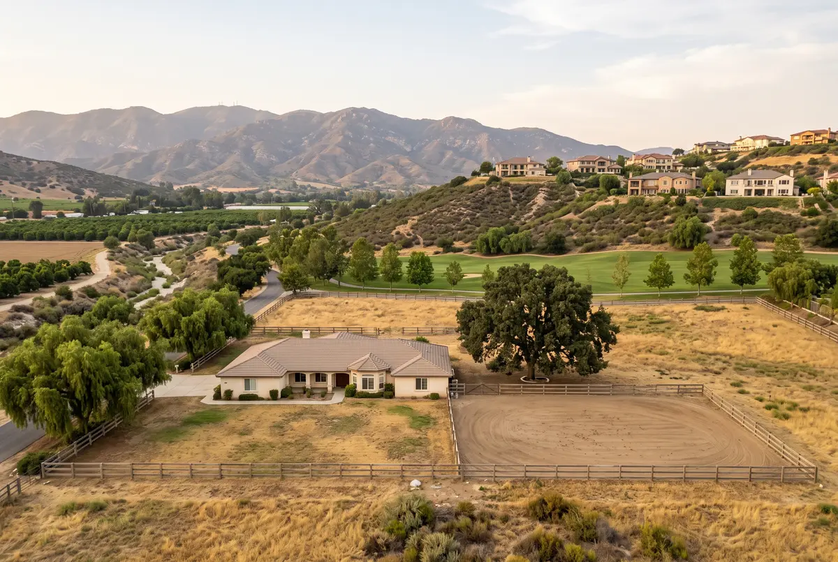 Illustration of a single-story ranch home on a large lot with a three-rail wooden fence and an empty riding arena, below hilltop homes and the edge of a golf course.