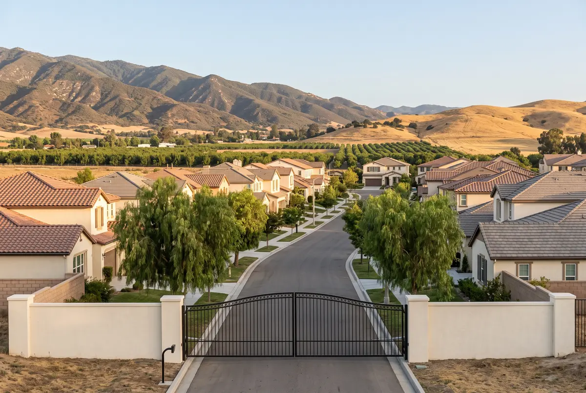 Illustration of a residential entry with low stucco walls and a closed iron vehicle gate beside a call box, and a street of tile-roofed single-family homes climbing a gentle hill beyond it.