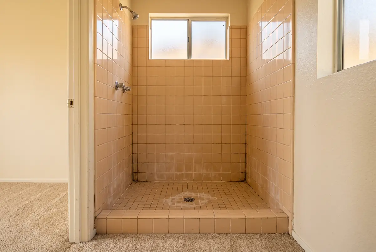 Illustration of a tiled shower in a 1980s bathroom: peach ceramic tile with chalky white mineral film on the lower rows and around the drain, and grout lines darkened by soil.