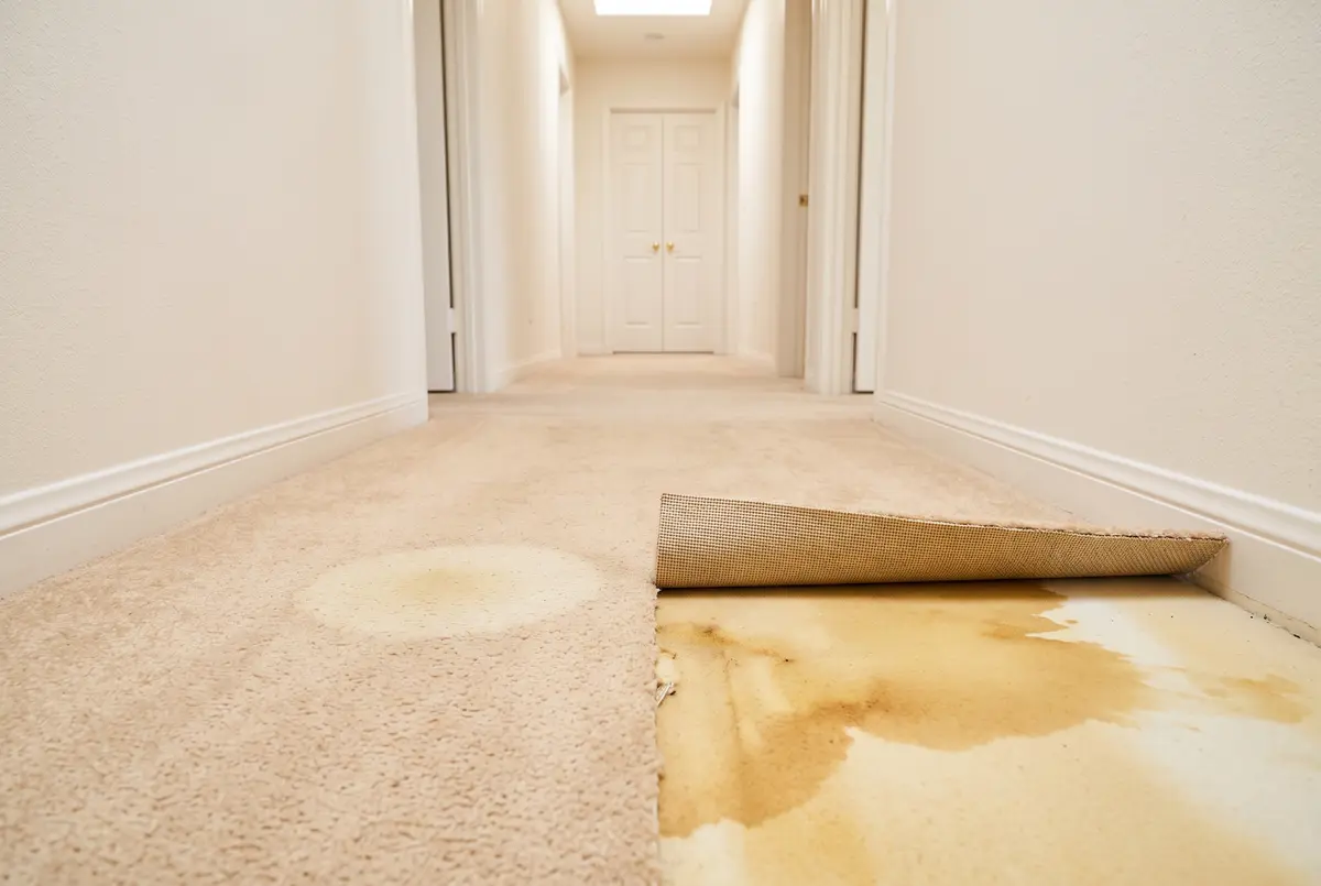 Illustration of a faint yellowed pet urine spot on wheat hallway carpet, with the carpet edge lifted at the baseboard to show a much larger yellow-brown stain in the pad beneath.