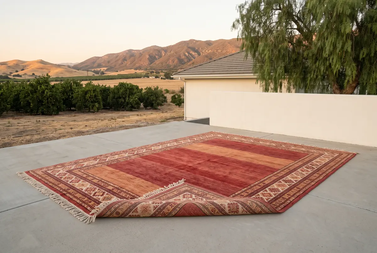Illustration of a hand-knotted wool rug in madder red, apricot and cream laid flat to dry on a concrete pad beside a stucco wall, one corner turned back to show the knots on the back.