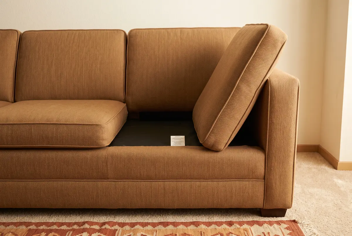 Illustration of a caramel fabric sofa with one seat cushion lifted against the arm, showing the small sewn-in care tag on the seat deck, a kilim rug at its feet.